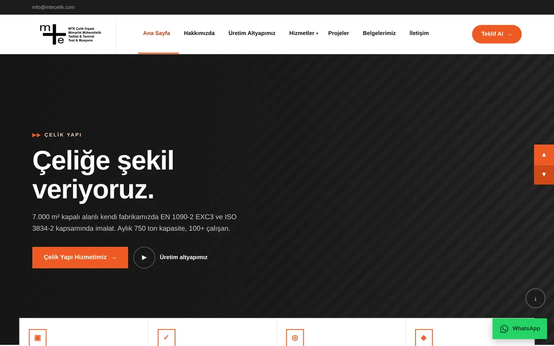 MTE Çelik İnşaat sitesinin ana sayfa tasarımı